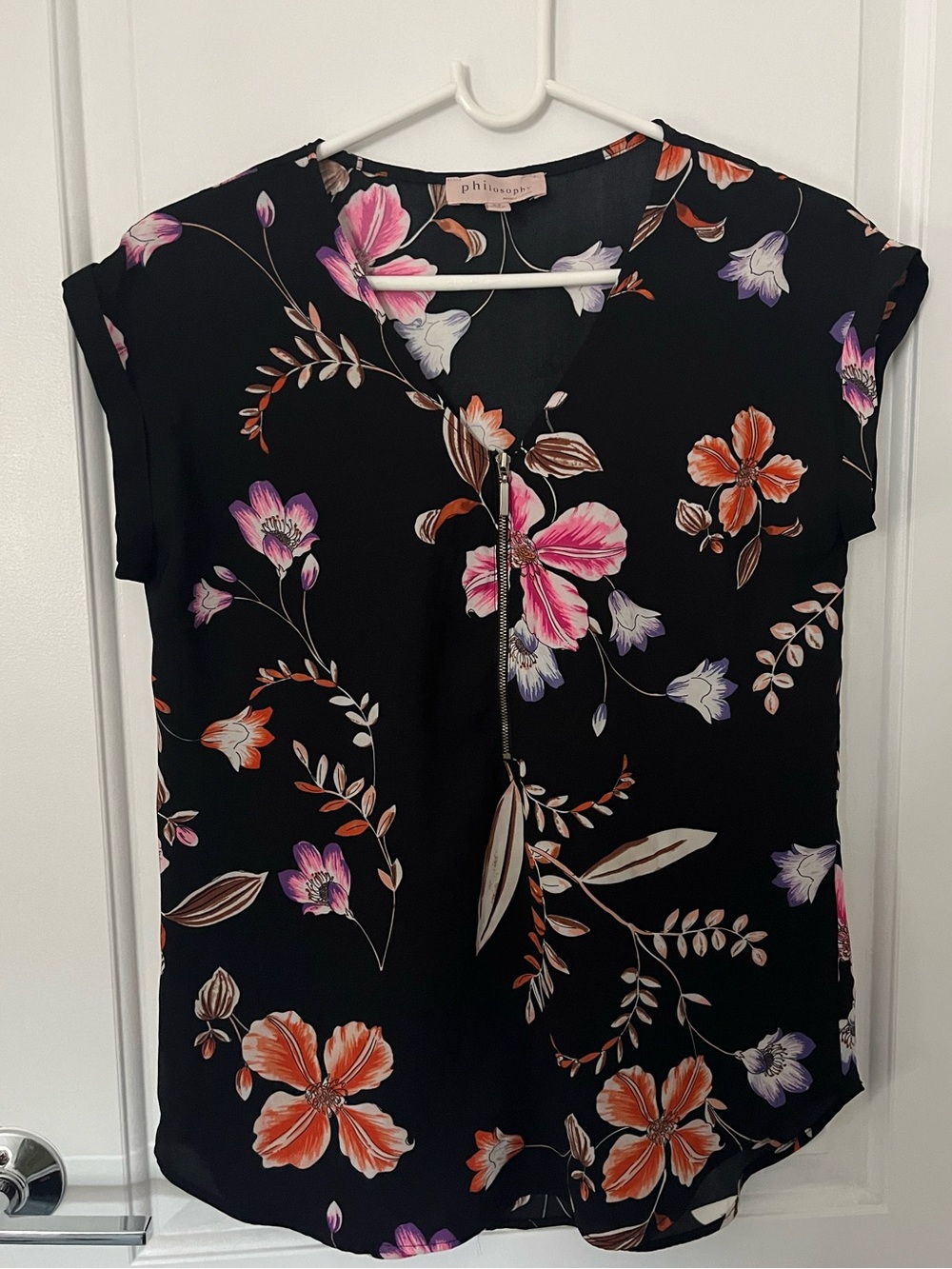 Philosophy Black Floral Zip-Front Cap Sleeve Top - Pink/Orange/Purple